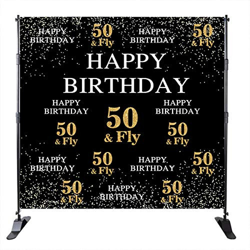 Mehofoto Happy 50th Birthday Backdrop Golden Light Decoration 50 Fly Repeat Distribution Backdrops Party Banner Decoration 8X8ft Vinyl Adult Custom Photo Studio Prop Photo Booth Banner Decor