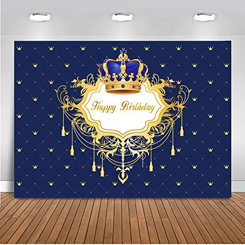 Mocsicka Happy Birthday Backdrop 7x5ft Vinyl Crown Blue Background Boy's Birthday Party Decoration Banner Photo Booth Backdrops Chandelier Photography Background