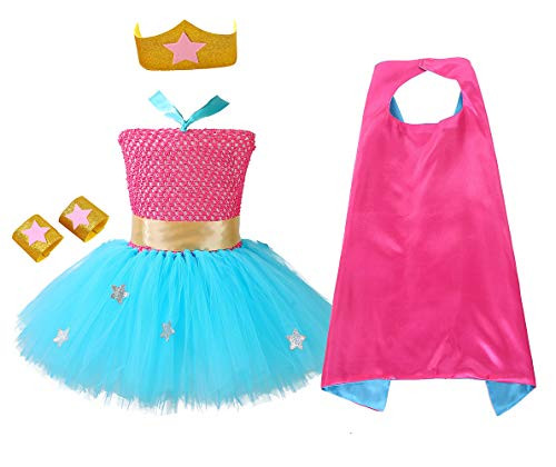 Halloween Superhero Costumes for Kids Girls Birthday Party Supergirl Cosplay Tutu Dress Costume with Mask and Cape (Peach Pink, Large(5-6T))