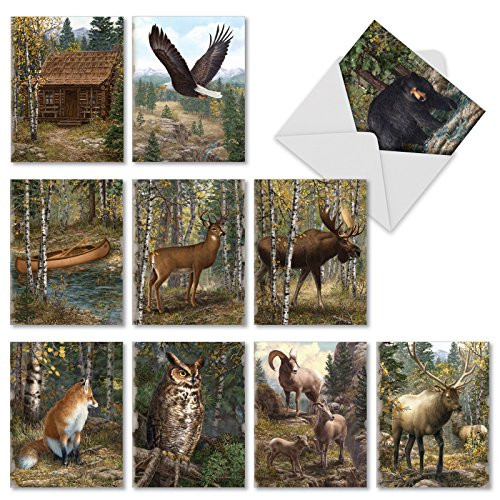 Set of 10 Note Cards with Envelopes, Assorted 'Into The Woods' Blank Greeting Cards, Rustic All-Occasion Cards for Birthday, Thank You, Father's Day - Stationery Notecards 4 x 5.12 inch M9685OCB