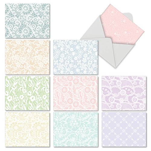 10 Note Cards with Envelopes - Assorted 'Lacy Days' Blank Greeting Cards - Pretty All-Occasion Cards for Baby, Wedding, Thank You, Set of Blank Cards - Stationery Notecards 4 x 5.12 inch M6560OCB