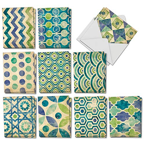 Watercolor Tiles - Box of 20 Blank All Occasion Cards with Envelopes (4 x 5.12 Inch) - Assortment of Blue and Green Shapes, Designs - Boxed Notecard Set (10 Designs, 2 Each) AM6685OCB-B2x10