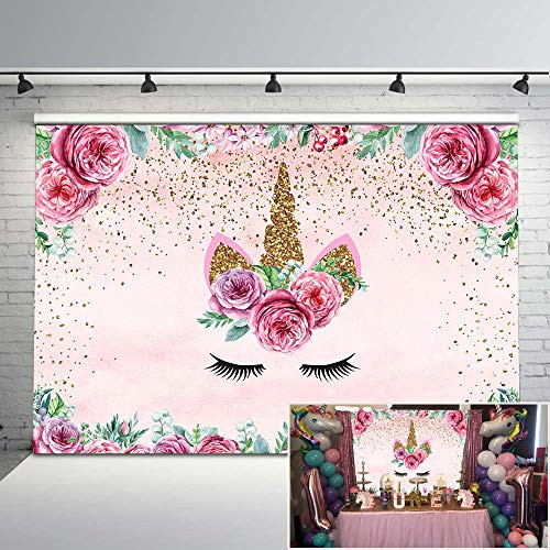 Mocsicka Unicorn Photography Backdrop Pink Floral Gold Unicorn Backdrop Vinyl 7x5ft Unicorn Birthday Baby Shower Photo Background Unicorn Party Decorations Supplies