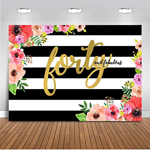 Mocsicka Forty and Fabulous Backdrop 7x5ft Black and White Stripe Floral Photography Background Happy 40th Birthday for Elegant Lady Photo Backdrops