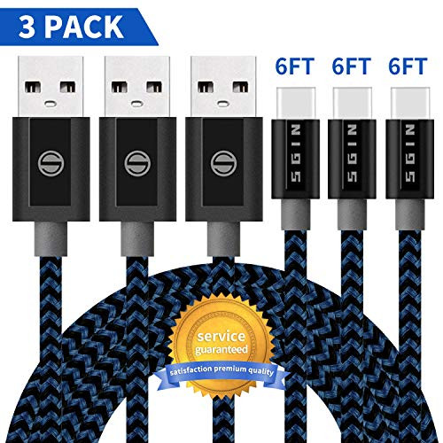 USB C Cable,GUIGUI USB Certified Type C Cable, USB C to USB A Charger (6ft, 3 Pack), Nylon Braided Fast Charging Cord for Samsung Galaxy S9 S8 Note 8, Pixel, LG V30 G6 G5, USB C Devices-Black Blue