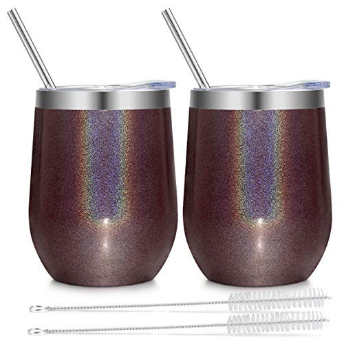 Bastwe 2 Pack Stemless Wine Tumblers with Straws, 12 oz Stainless Steel Double Wall Vacuum Insulated Wine Glass for Coffee, Champagne, Cocktail, Beer, Drinks (Glitter Merlot)