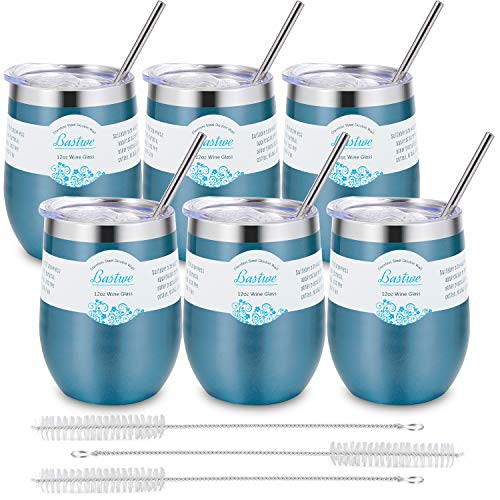 Bastwe 6 Pack Stainless Steel Stemless Wine Tumblers with Straw, 12 oz Double Wall Vacuum Insulated Wine Tumbler for Champagne, Cocktail, Beer, Coffee, Drinks (Blue Gold)