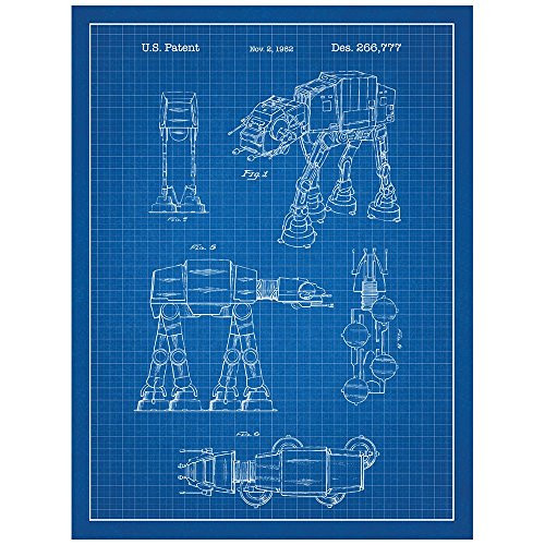 Inked and Screened Star Wars at-at Design Patent Art Poster Silk Screen Print, 18" W x 24" L, Blue