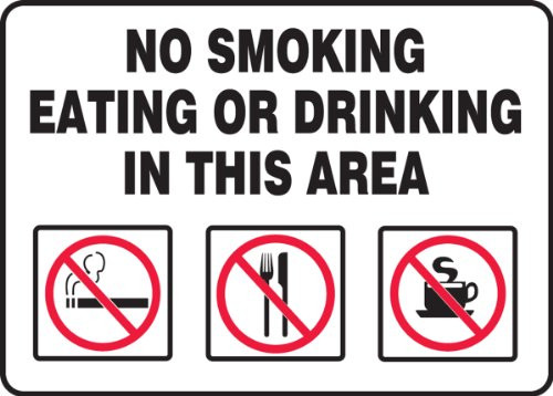 Accuform Signs MSMK409VS Adhesive Vinyl Safety Sign, Legend"NO SMOKING EATING OR DRINKING IN THIS AREA" with Graphics, 7" Length x 10" Width x 0.004" Thickness, Red/Black on White