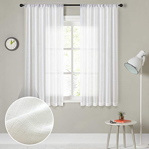 MRTREES White Sheer Curtains 63 inches Long Living Room Linen Textured Rod Pocket Semi Sheer Curtain Panels Slub Open Weave Sheers Bedroom 2 Panels Window Treatment Set