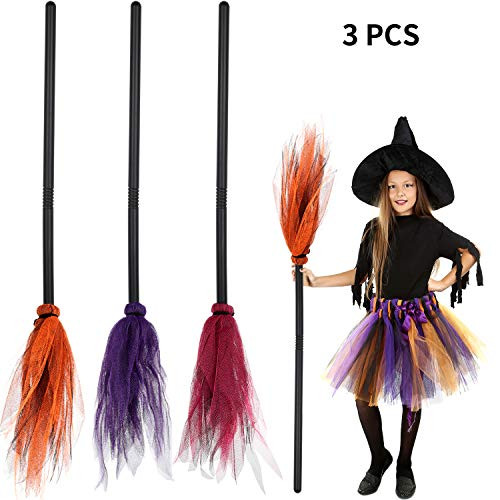 3 Pieces Halloween Witch Broom Plastic Kids Broom Props Witch Broom Party Decoration for Halloween Costume Decoration, 3 Colors