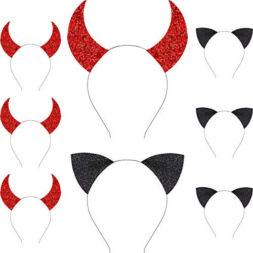 8 Pieces Halloween Headbands Glitter Cat Ears Headbands and Devil Horns Headbands Hair Hoops Set for Party Costume Supplies