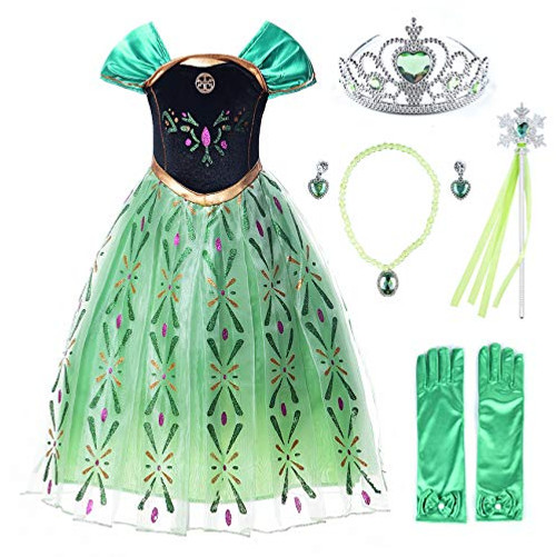 JerrisApparel Snow Party Elsa Dress Queen Costume Princess Anna Girls Dress Up (6-7, Green Anna with Accessories)