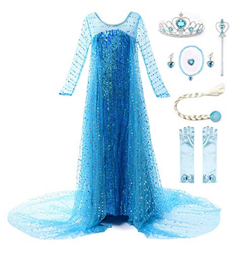 JerrisApparel Girls Princess Elsa Costume Birthday Party Halloween Cosplay Dress up (5, Blue with Accessories)