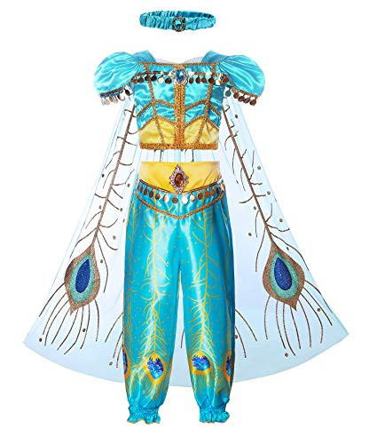 JerrisApparel Girls Princess Jasmine Costume Halloween Cosplay Party Dress Up (6, Blue 2 with Headband)