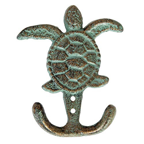 Cast Iron Sea Turtle Double Hook Bronze with Green Verdigris Patina Great Gift 3.5"W X 4.5"H 6744