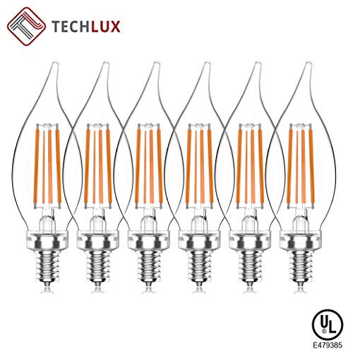 Techlux 60W Equivalent Dimmable 5.5W BA11(CF35) Vintage LED Edison Filament Candles Light Bulbs 500 lumens Clear Glass Candelabra/Chandelier Bulbs,Soft White 2700K,E12 Screw Base,Pack of 6