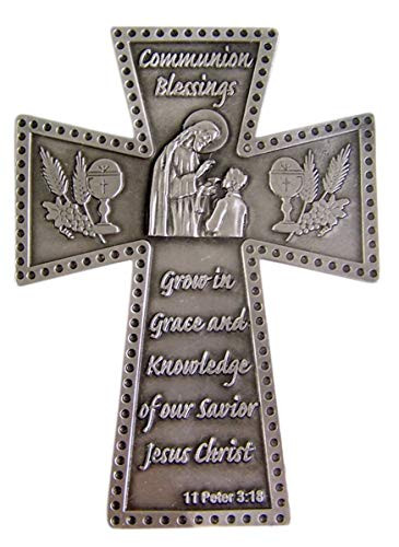 Religious Home Decor Silver-Toned Pewter Communion Blessings Boy's First Communion Hanging Wall Cross, 5 7/8 inches