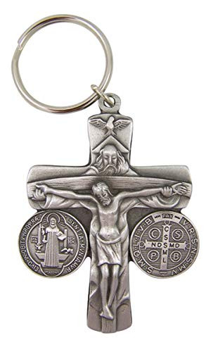 Silver-Toned Catholic Religious Crucifix with Saint Benedict Medal Keychain Accessories, 2 1/2 Inch