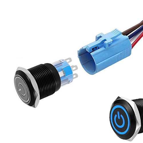 WerFamily 19mm Latching Push Button Switch 12V Ring Blue LED 1NO 1NC SPDT ON/OFF Waterproof Black Shell Metal Round with Wire Socket Plug