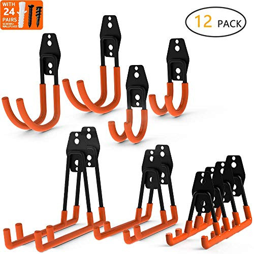 Intpro 12pack Steel Garage Storage Utility Double Hooks Organizer, Heavy Duty Wall Mount Tool Holder for Organizing Power Tools,Ladders,Bulk items