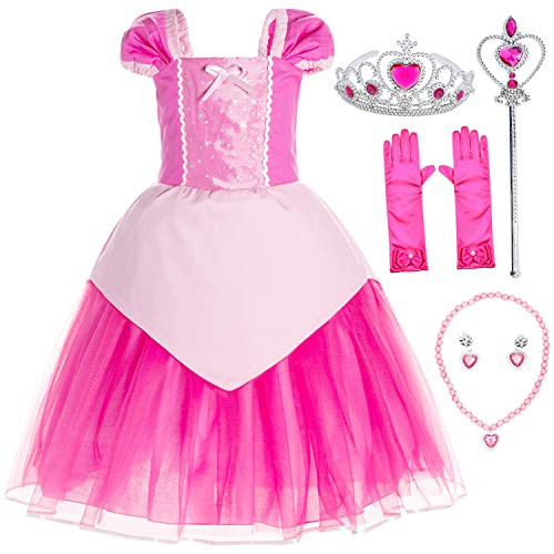 Princess Aurora Costume Birthday Party Dress for Toddler Girls with Gloves,Crown,Wand,Necklace 5-6 Years (5T 6T)