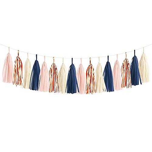 Autupy 20 PCS Navy Blue Rose Gold Tassels Garland Tissue Paper Tassels Banner DIY Kit for Baby Shower Navy Party Birthday Party Wedding Decorations