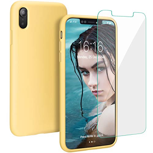 Muntinfe Case for iPhone XR, Liquid Silicone Full Protective Shockproof Cover Case with Free Screen Protector Gel Rubber Anti-Scratch Case for Apple iPhone XR 6.1" 2018 - Yellow