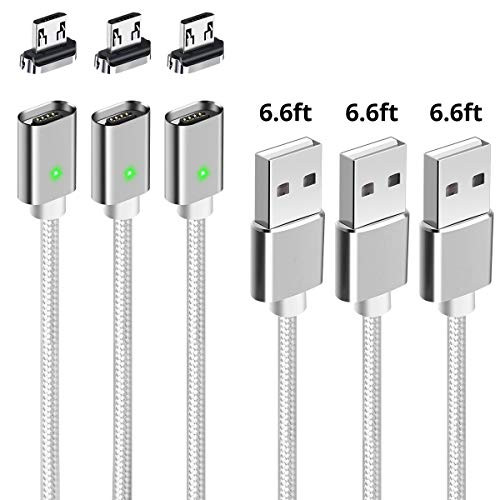 Micro USB Charging Cable, ANMONE Nylon Braided Magnetic Fast Charger Cable [6.6FT-3Pack] android Phone charger Data Sync Cord with LED Indicator for Samsung S7/S6, Kindle,HTC, LG, Xbox One, PS4Silver