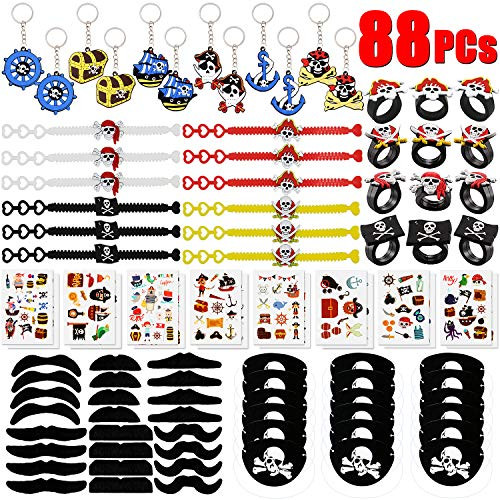 GeeVen 88 PCs Pirate Party Supplies Favors Pirate Keychain Rings Bracelets Pirate Eye Patch Mustache Tattoos Stickers Pirate Party Favors Decoration