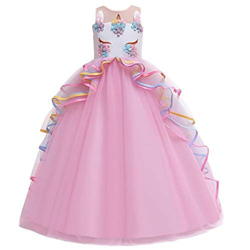 HIHCBF Flower Girls Unicorn Costume Pageant Princess Party Dress Wedding Birthday Halloween Carnival Long Maxi Ball Gown Pink 6-7T