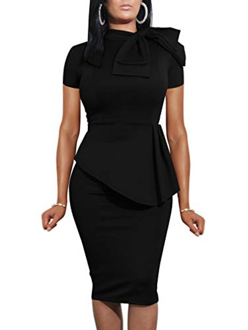 LAGSHIAN Women Fashion Peplum Bodycon Short Sleeve Bow Club Ruffle Pencil Office Party Dress Black