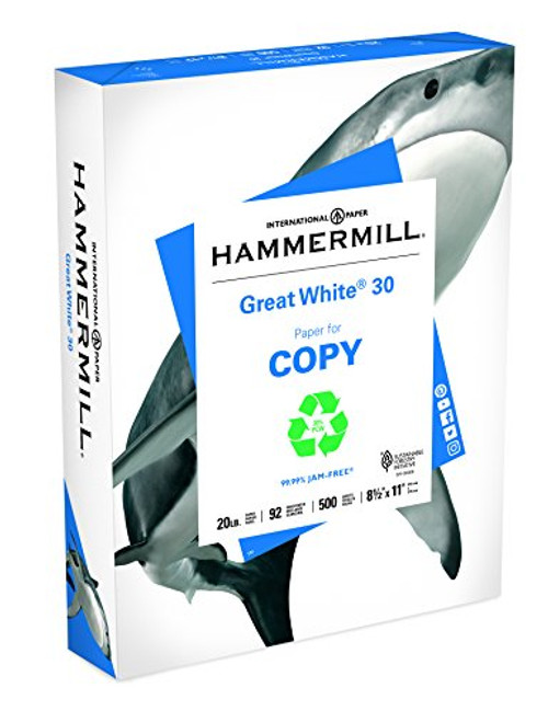 Hammermill Paper, Great White 30% Recycled Printer Paper, 8.5 x 11 Paper, Letter Size, 20lb, 92 Bright, 1 Ream / 500 Sheets (086710R) Acid Free Paper