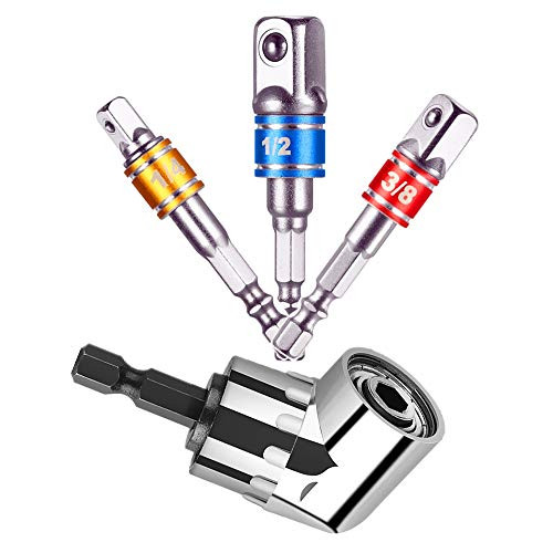 1/4-Inch Hex Socket Drive Adapters with 1/4", 3/8", 1/2" Drive with 105 Degree Right Angle Screwdriver Set Drill Hex Bit Socket Adapter, CIGOTU 4Pcs Power Hand Tools Impact Socket Adapter