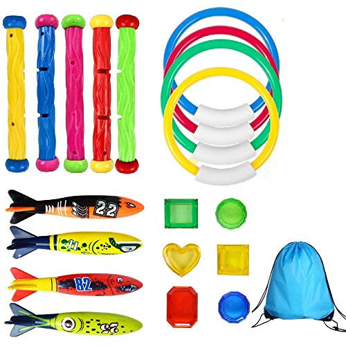 Wubao Underwater Swimming Pool Diving Toys Water Diving Rings Sticks Torpedo Bandits Pirate Treasures for Kids 19 Pack (19 X Diving Pool Toys)