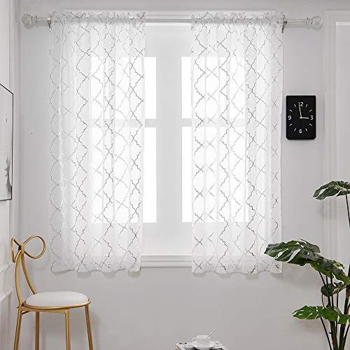 YJ YANJUN White Sheer Voile Curtains 63 inch Length -Rod Pocket Moroccan Silver Print for Kids Room Window Drapes for Bedroom