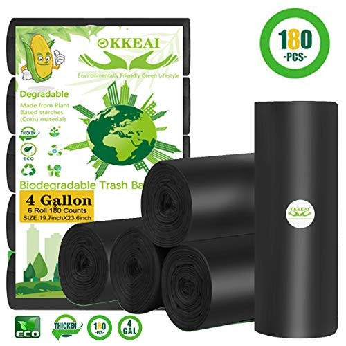 OKKEAI Trash Bags Kitchen Biodegradable Garbage Bags,4 Gallon Small Trash Bags Strong Thick Compostable Bags Recycling Wastebasket Liners for Bathroom, Car,Office,150 Counts Black