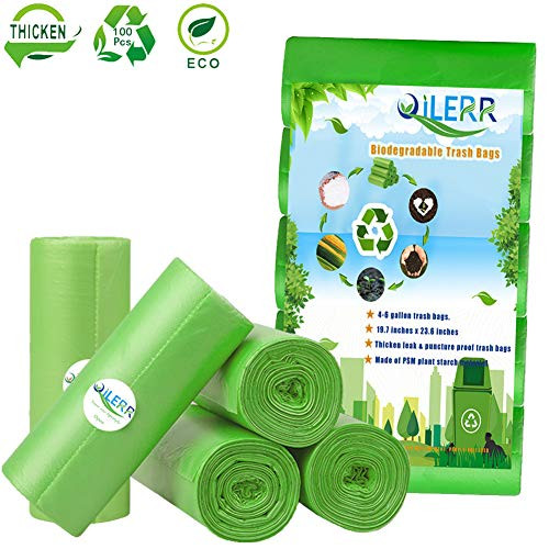 QILERR Trash Bags Kitchen Biodegradable Garbage Bags,4-6 Gallon Small Trash Bags Strong Wastebasket Liners for Bathroom,Kitchen,Office,(100 Counts,Green)