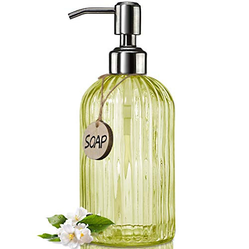 JASAI 18 Oz Glass Soap Dispenser with Rust Proof Stainless Steel Pump, Refillable Liquid Hand Soap Dispenser for Bathroom, Premium Kitchen Soap Dispenser (Yellow)