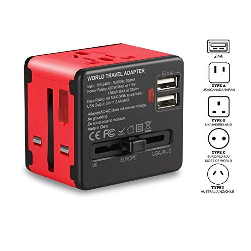Universal Travel Adapter, USB International Power Adapter, Worldwide Plug Adaptor with 2 USB Ports 2.4A USB Wall Charger (Black+Red)