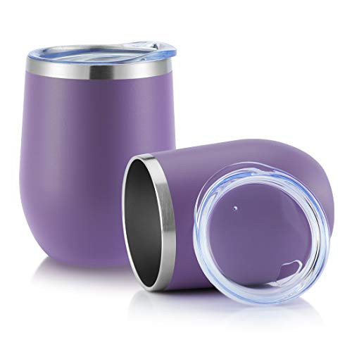 DOMICARE Insulated Wine Tumbler Glasses with Lid (2 Pack, Purple) - 12 OZ Stemless Double Wall Vacuum Traval Mug Cup - Keeping Cold & Hot for Wine, Coffee, Cocktails, Drinks 