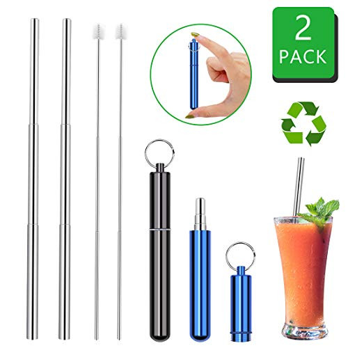 Reusable Metal Straws with Case, Stainless Steel Foldable Straws Collapsible Telescopic Drinking Straw Keychain Reusable Food Grade with Cleaning Brushes Perfect for Travel, Home, Office (Black& Blue)