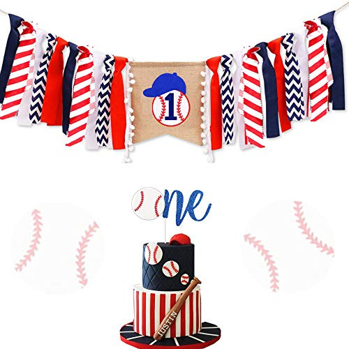 LaVenty Set of 2 Baseball First Birthday Banner Baseball Highchair Banner Baseball One Cake topper Baseball First Birthday Cake Topper Baseball Banner