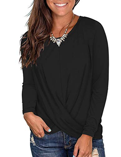 Women's Long Sleeve Round Neck Twist Front T Shirt Casual Basic Loose Tunic Tops Blouse (XXL,Black)