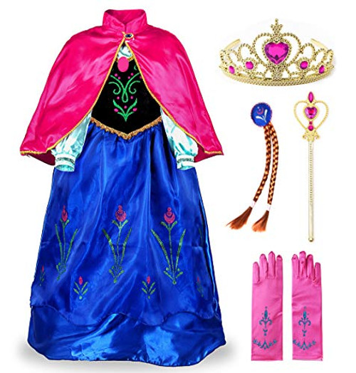 JerrisApparel Snow Party Elsa Dress Queen Costume Princess Anna Girls Dress Up (3-4, Anna with Accessories 2)