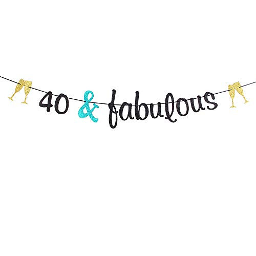 40 & Fabulous Black Glitter Banner - Happy 40th Birthday Party Banner  40th Anniversary Decorations - Birthday Party Decorations