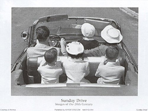 Buyartforless Sunday Drive, Images of The 20th Century 32x24 Art Print Poster Vintage Black and White Family Driving in Convertible Car