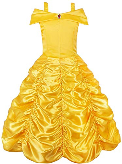Belle Princess Layered Costumes Girls Cosplay Party Dress up Shoulder Outfits Yellow,130 5-6 Years