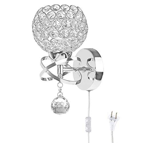 Wefond Round Modern Crystal Wall Light Chrome Finish Bedroom Wall Sconce Lighting Fixture with Switch and Plug, E26 Socket