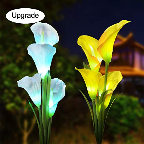 Solar Garden Outdoor light, 2-Pack Solar Powered Calla Lily Flower Lights Outdoor Multi-Color Changing Stake Decorative Landscape Lawn Yard Patio LED Calla Lilly Lights for Garden (White+Yellow)